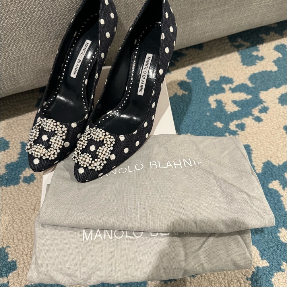 Manolo Blahnik Black and White Polka Dot Heels 70mm Jacquard Jeans Blk - Picture 2 of 10